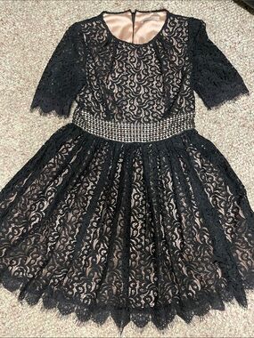 Darling nude black lace fit and flare crinoline layer skirt dress